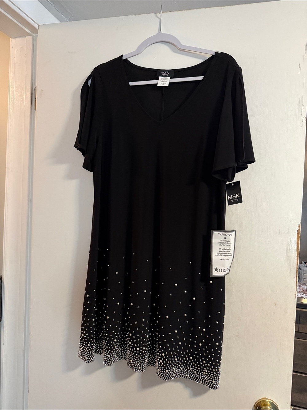 MSK Black Mini Split Sleeve Dress with Pearls and Crystal Embellishments